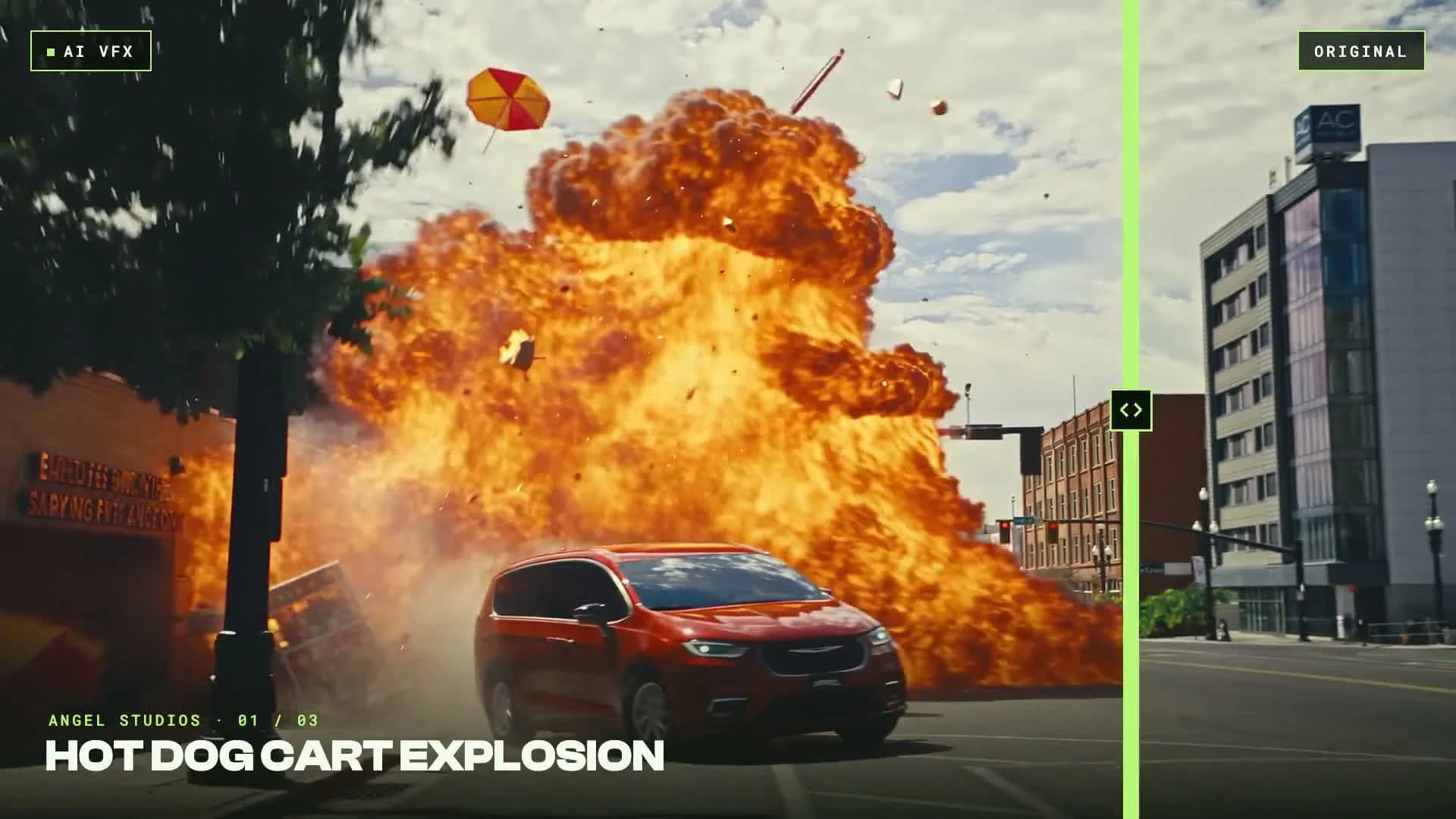 Runner before-and-after comparison showing an explosion added behind a red car