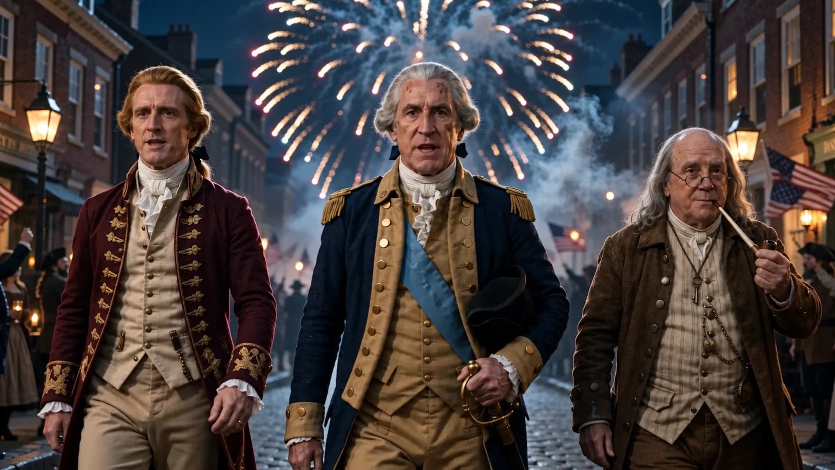 The founding fathers performing on a colonial street beneath fireworks