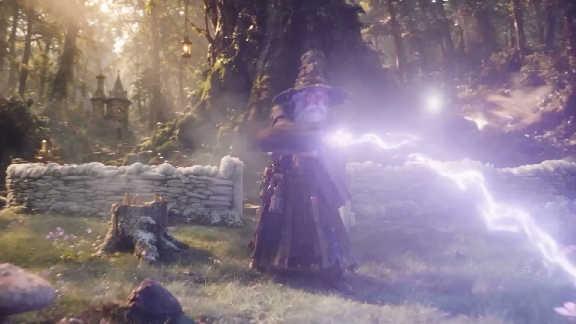 A wizard casting a violet spell in a woodland clearing