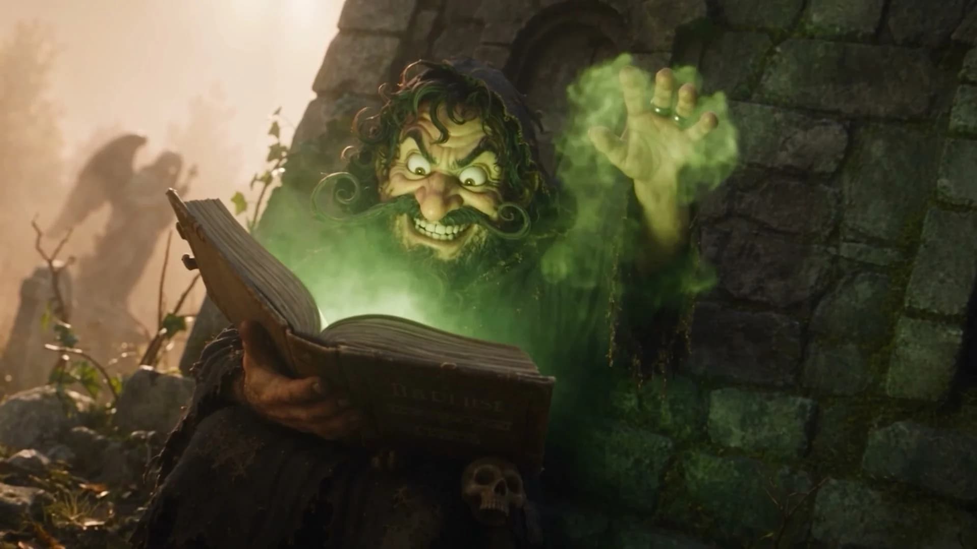 A witch reads a glowing spellbook