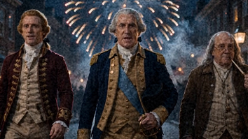 The founding fathers performing on a colonial street beneath fireworks